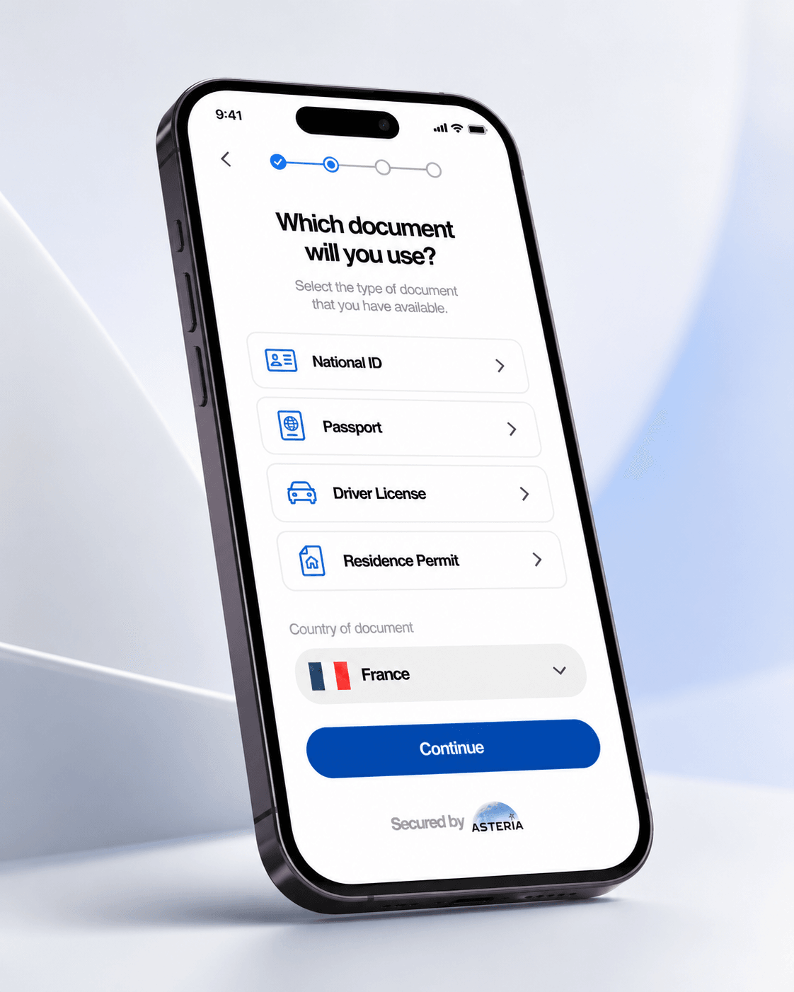 ASTERIA KYC identity verification flow on mobile — front-of-ID capture, selfie placement, and verification success