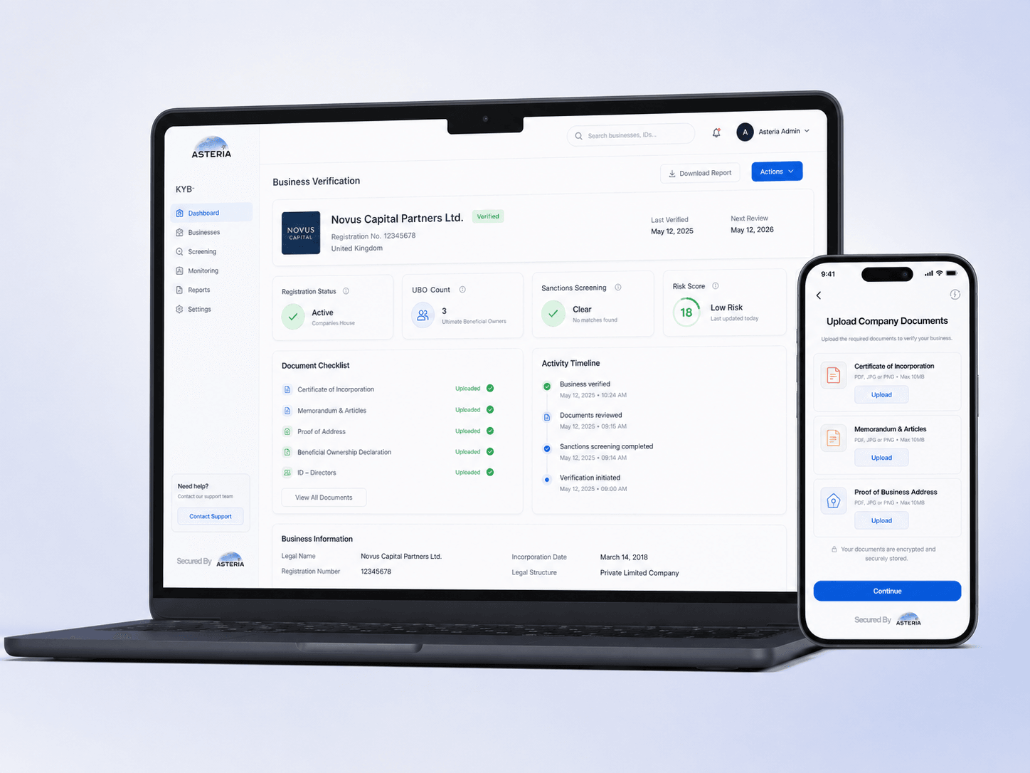 ASTERIA KYC end-to-end identity verification flow on mobile — document selection, selfie capture, verification success