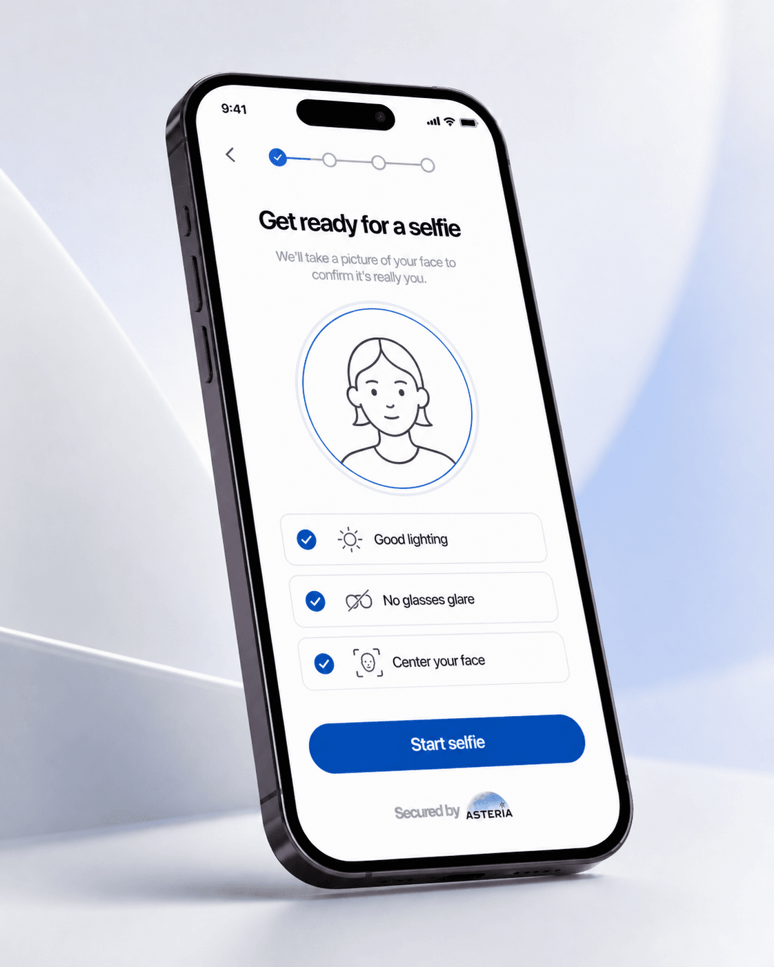 ASTERIA KYC liveness check — face capture with anti-spoofing signals and real-time guidance
