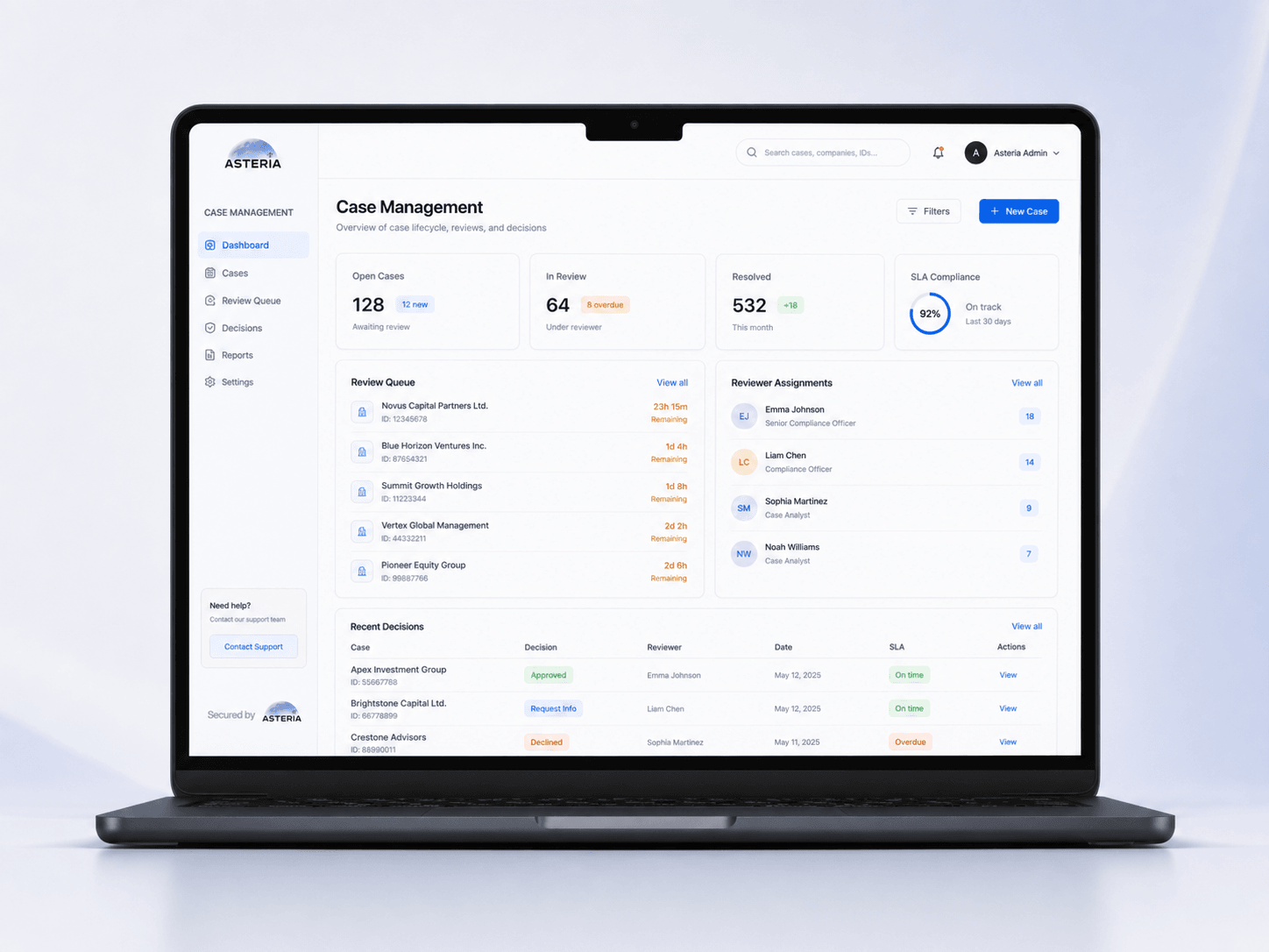ASTERIA KYC case management dashboard — review queue, case distribution, and mobile case detail view