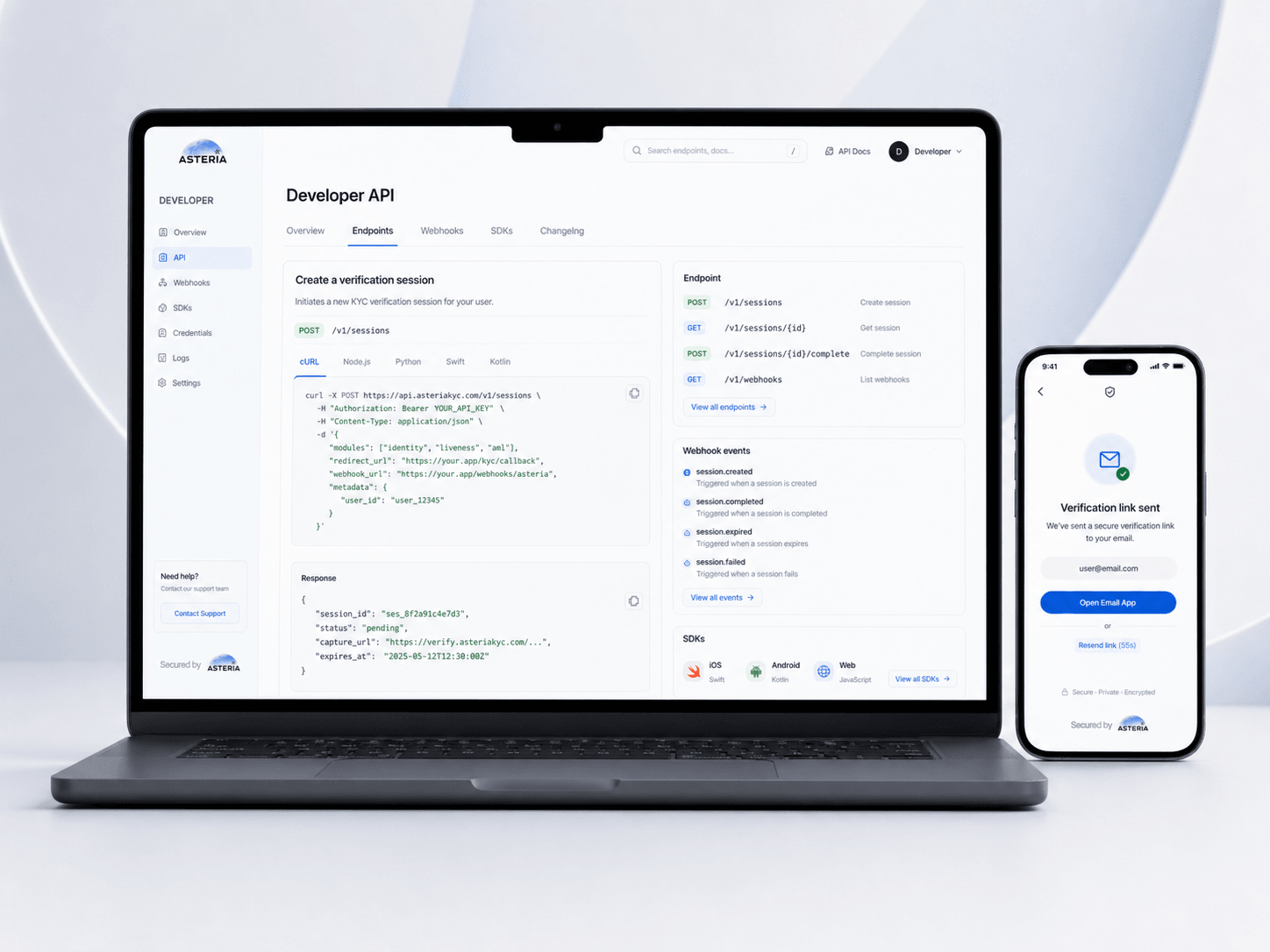 ASTERIA KYC developer experience — API documentation, SDK options, and verification result preview on a developer workstation