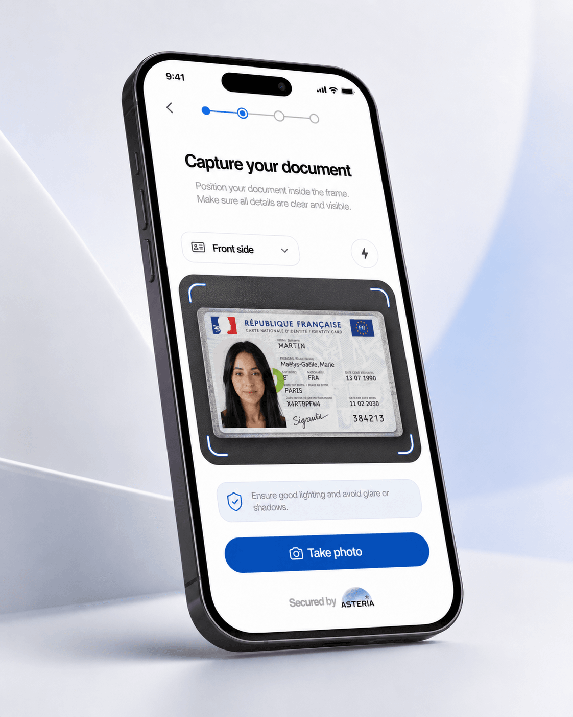 ASTERIA KYC document selection — passport, national ID, driver license, residence permit options on mobile